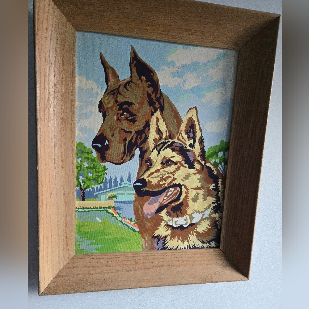 Vintage Paint By Numbers Dogs Great Dane & German Shepherd Kitschy Framed Art